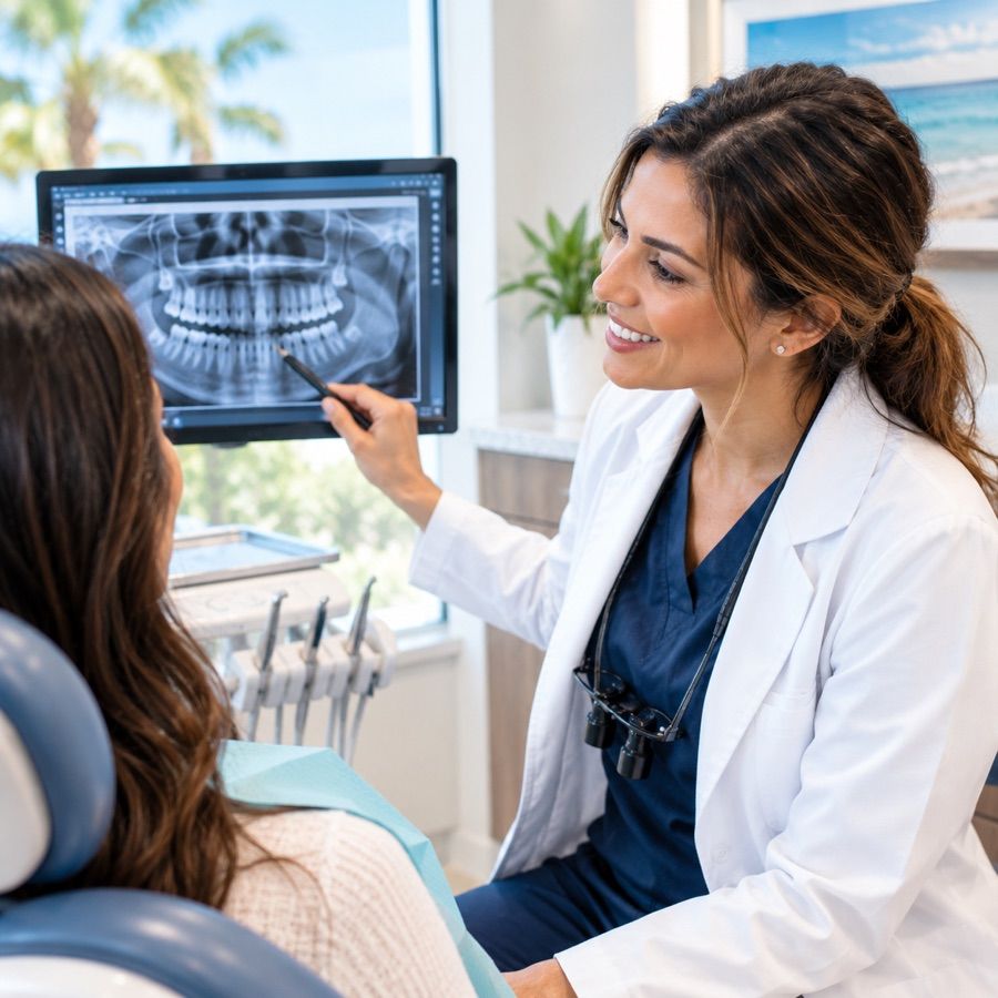 Dentist reviewing a digital dental X-ray with a patient, dentist in St. Petersburg, FL